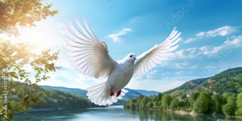 White Dove Flying with River and Mountain Background, Bird of Peace Symbol, International Peace Day. Generative Ai © CYBERUSS