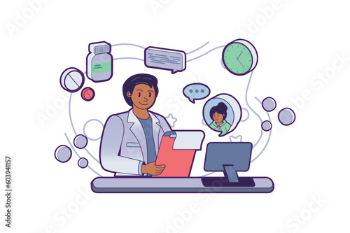 Online pharmacy concept with people scene in the flat cartoon style. A pharmacist writes a prescription with medicine for a patient via the Internet. Vector illustration.