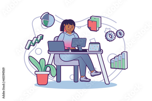 Hard work concept with people scene in the flat cartoon design. The employee works hard at the computer to complete all the tasks. Vector illustration.