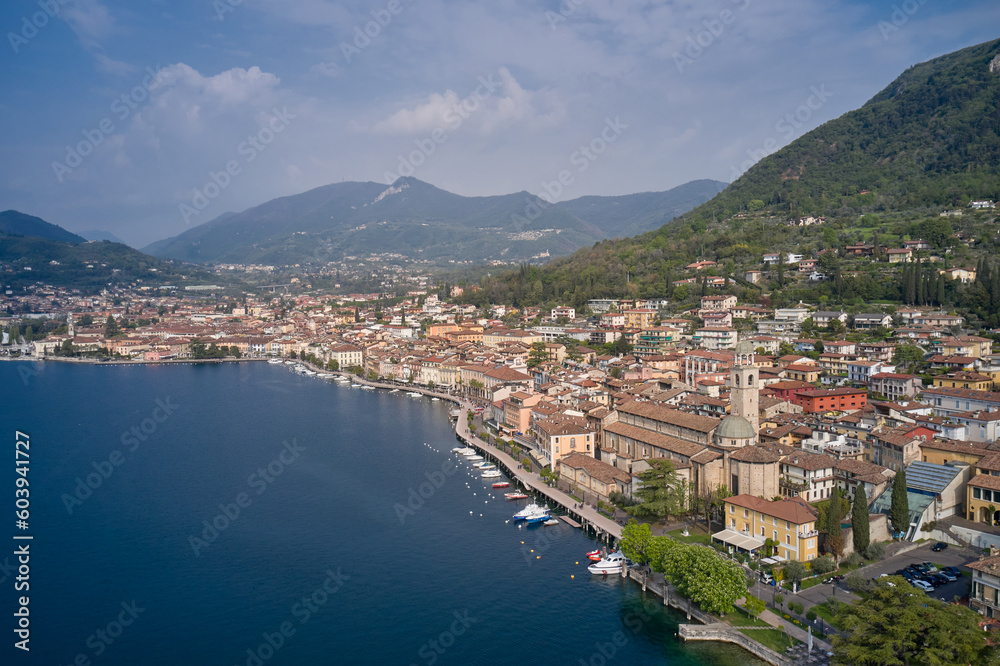 Aerial view of the town on Lake Garda. View of the historic part of Salò on Lake Garda Italy. Tourist site on Lake Garda. Lake in the mountains of Italy.
