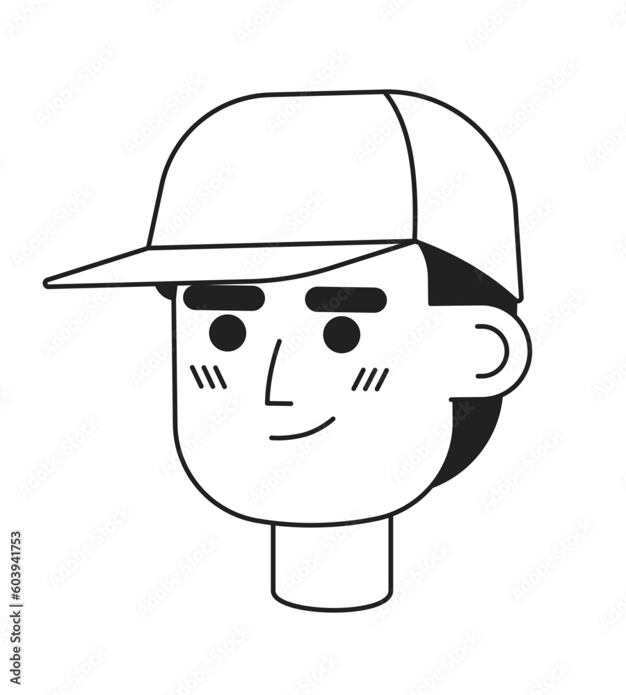 Confident smiling coach man wearing baseball cap monochrome flat linear character head. Courier. Editable outline hand drawn human face icon. 2D cartoon spot vector avatar illustration for animation Confident smiling coach man wearing baseball cap monochrome flat linear character head. Courier. Editable outline hand drawn human face icon. 2D cartoon spot vector avatar illustration for animation
