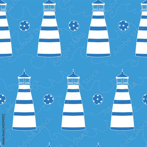 Vector blue seamless pattern background: Lighthouse Parade.