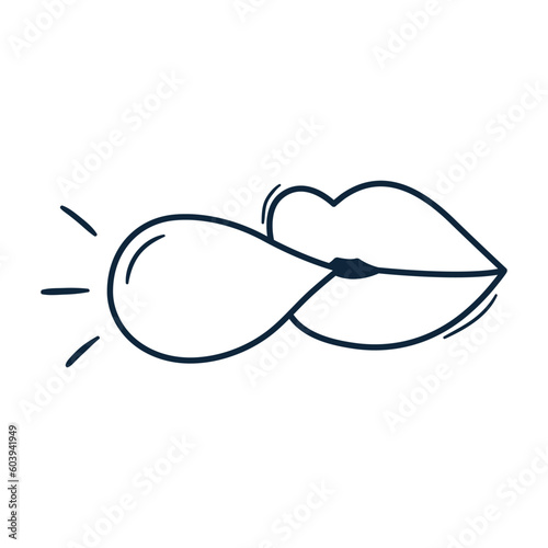 Lips with bubble gum doodle icon. Hand drawn outline mouth illustration. Retro symbol contour drawing