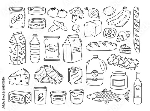 Set of hand drawn supermarket products illustrations. Food doodle sketches. Outline cans, vegetables, fruits, steak, milk, fish, eggs and other grocery items. Vector cooking ingredients