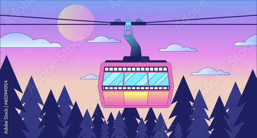 Cabin ropeway above sunset forest skyline lo fi chill wallpaper. Cableway in sunrise woods 2D vector cartoon landscape illustration, vaporwave background. 80s retro album art, synthwave aesthetics