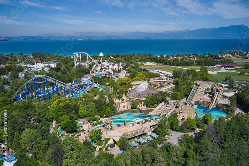 Fototapeta Naklejka Na Ścianę i Meble -  Drone view of an amusement park, Lake Garda Italy. Panorama of Lake Garda Italy. Amusement park Italy. Extreme entertainment garda. Panorama at high altitude.