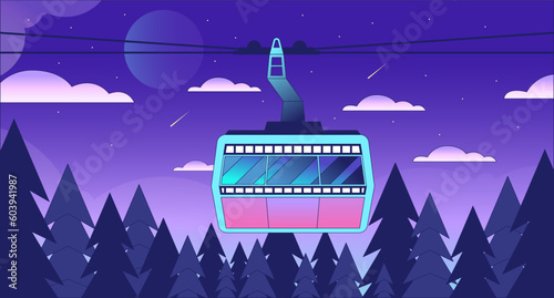 Gondola lift in summer forest night lo fi chill wallpaper. Aerial cableway with shooting stars 2D vector cartoon landscape illustration, vaporwave background. 80s retro album art, synthwave aesthetics