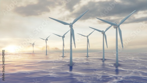 Camera pulls back through rotating blades of a wind turbine in an offshore wind farm in the sea against low sun. Green and renewable energy concept. Realistic high quality 3d animation.