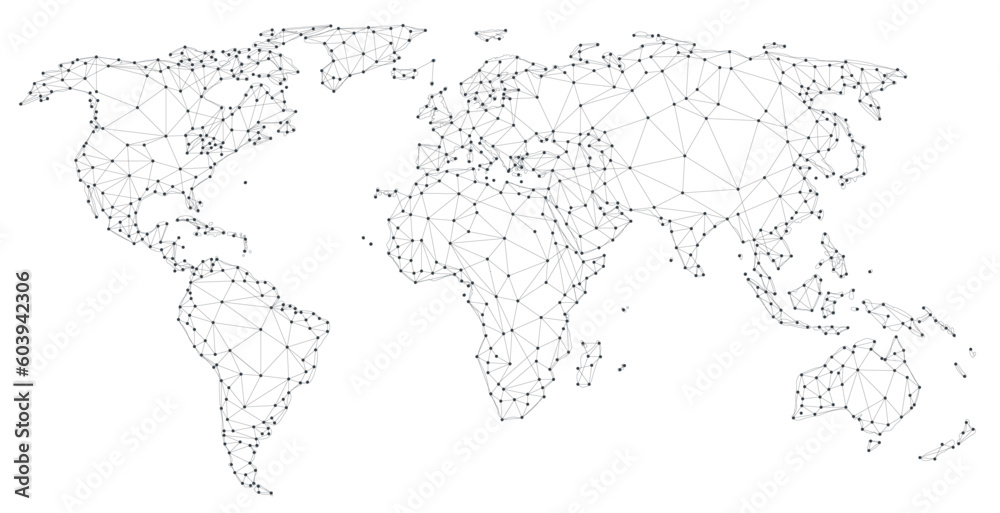 Polygonal world map with lines and dots. - obrazy, fototapety, plakaty 