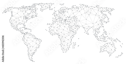 Polygonal world map with lines and dots.