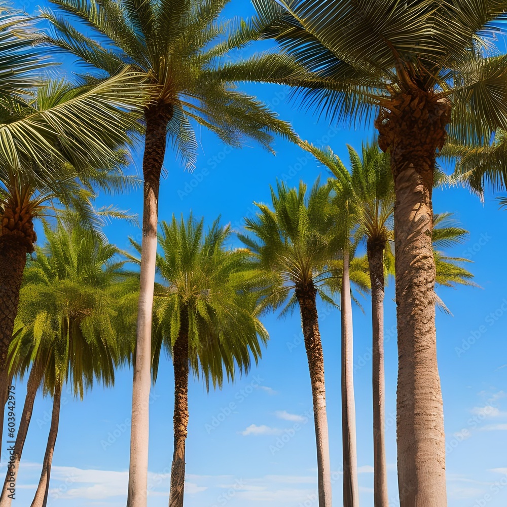 518 Tropical Palm Trees: A vibrant and tropical background featuring tall palm trees against a clear blue sky in vivid and tropical colors that create a relaxing and exotic atmosphere5, Generative AI