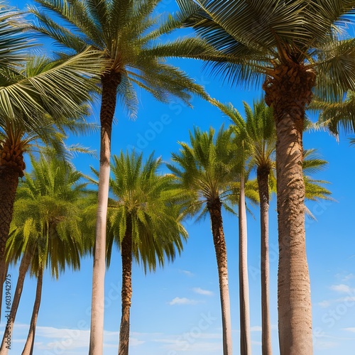 518 Tropical Palm Trees  A vibrant and tropical background featuring tall palm trees against a clear blue sky in vivid and tropical colors that create a relaxing and exotic atmosphere5  Generative AI