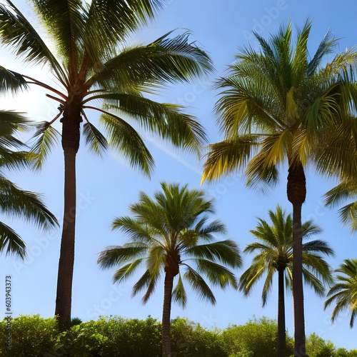 518 Tropical Palm Trees  A vibrant and tropical background featuring tall palm trees against a clear blue sky in vivid and tropical colors that create a relaxing and exotic atmosphere3  Generative AI