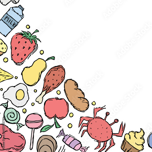 Drawn food background. Doodle food illustration with place for text photo