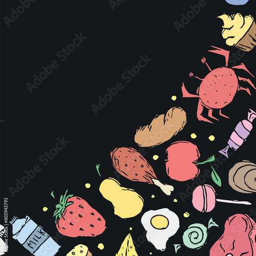 Drawn food background. Doodle food illustration with place for text photo