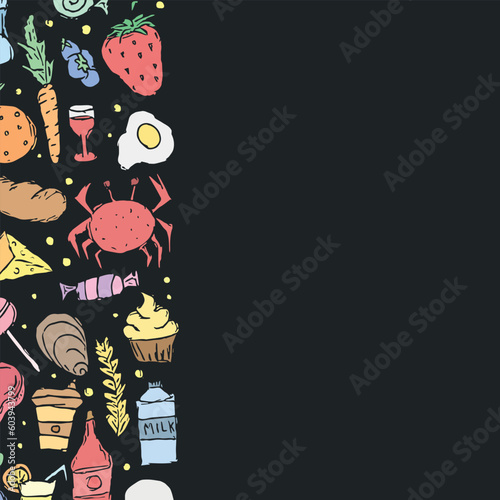 Drawn food background. Doodle food illustration with place for text photo