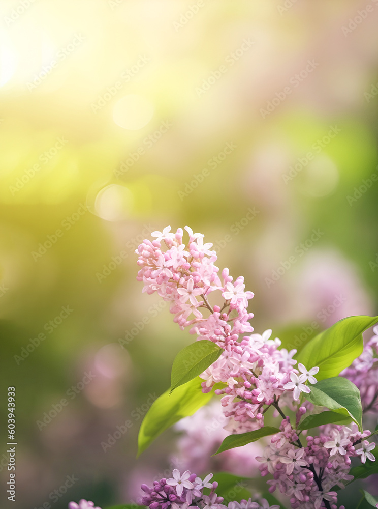 Fototapeta premium The beautiful branch of blooming lilac flowers on blurred green and purple background. Generative AI