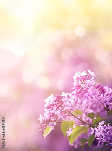 Spring branch of blossoming lilac with green leaves and the sun shining on it. Lilac branch over blurred background. Generative AI © Наталья Зюбр