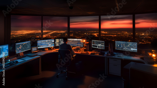 A man sitting in a  big dark control and monitoring room with computer displays. Big city buildings view outside the window. -Generative AI © Christian