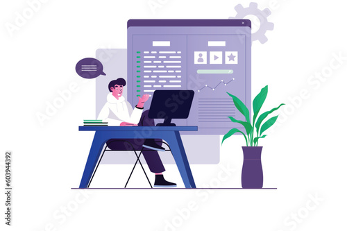 Concept Software developers with people scene in the flat cartoon design. A software engineer develops new software for clients. Vector illustration.