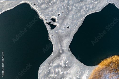 Frozen lake top down drone photo - Wigry, Suwalszczyzna aerial photo, ice on water on winter