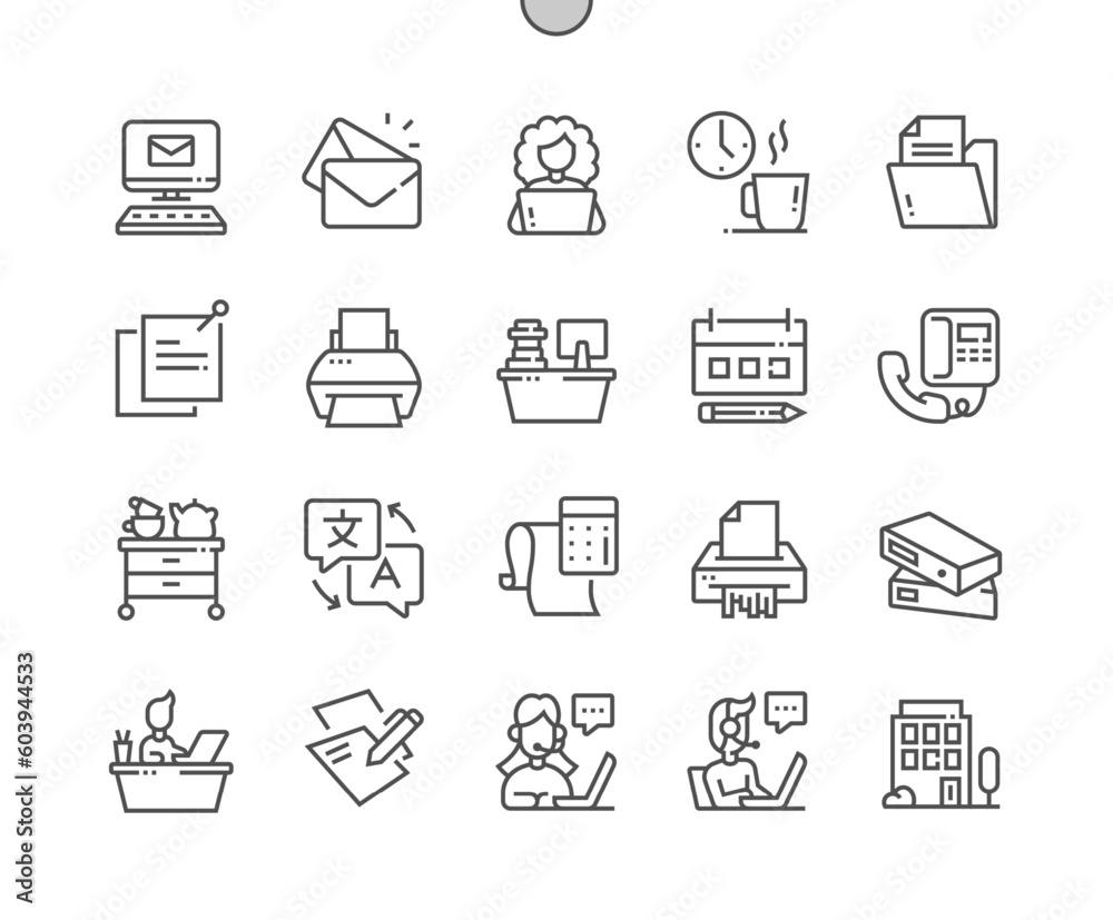 Secretary. Call center operator. Office, book, coffee break. Support service. Pixel Perfect Vector Thin Line Icons. Simple Minimal Pictogram