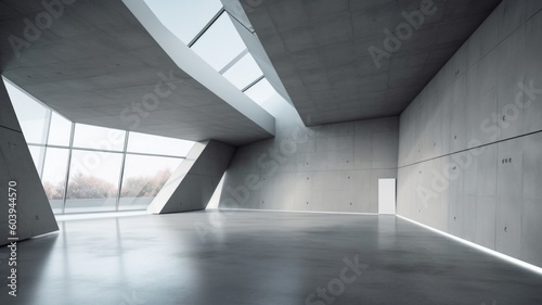 A modern and minimalist architecture. Interior of a spacious hall created with generative ai technology.