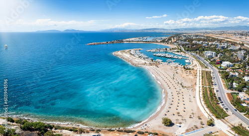 Aerial view of the popular Glyfada coast, south Athens suburb, Greece, with beaches, marinas and turquoise sea photo