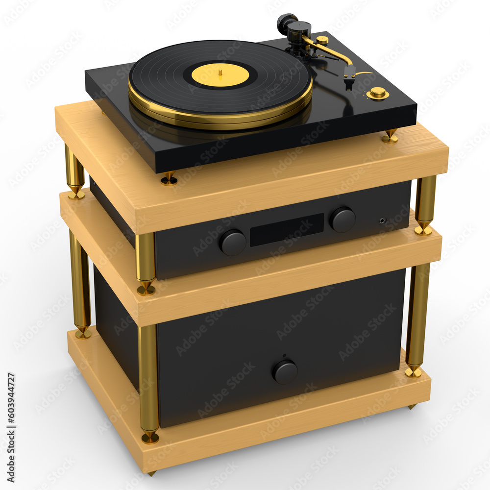 HiFi system with DJ turntable and amplifier on stand for home theater on white. HiFi system with DJ turntable and amplifier on stand for home theater on white.