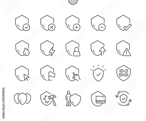 Shield. Guard badge. Click shield, remove. Safety system. Pixel Perfect Vector Thin Line Icons. Simple Minimal Pictogram