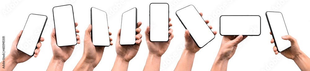 A set including hand holding a generic modern smartphone with a blank screen in various positions, comprising perspective, vertical, and horizontal versions - obrazy, fototapety, plakaty 