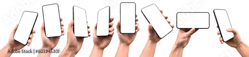 A set including hand holding a generic modern smartphone with a blank screen in various positions, comprising perspective, vertical, and horizontal versions