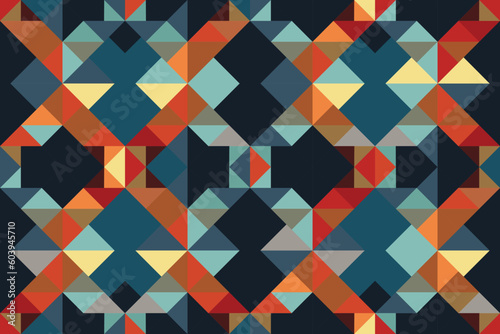 A seamless pattern vector illustration of a Persian rug design with modern geometric shapes can be printed as a background image or used for textile or fabric patterns.