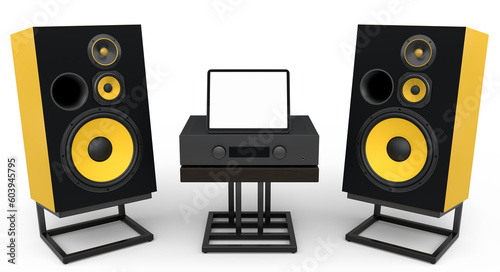 Set of Hi-fi speakers and DJ turntable for sound recording studio on white.