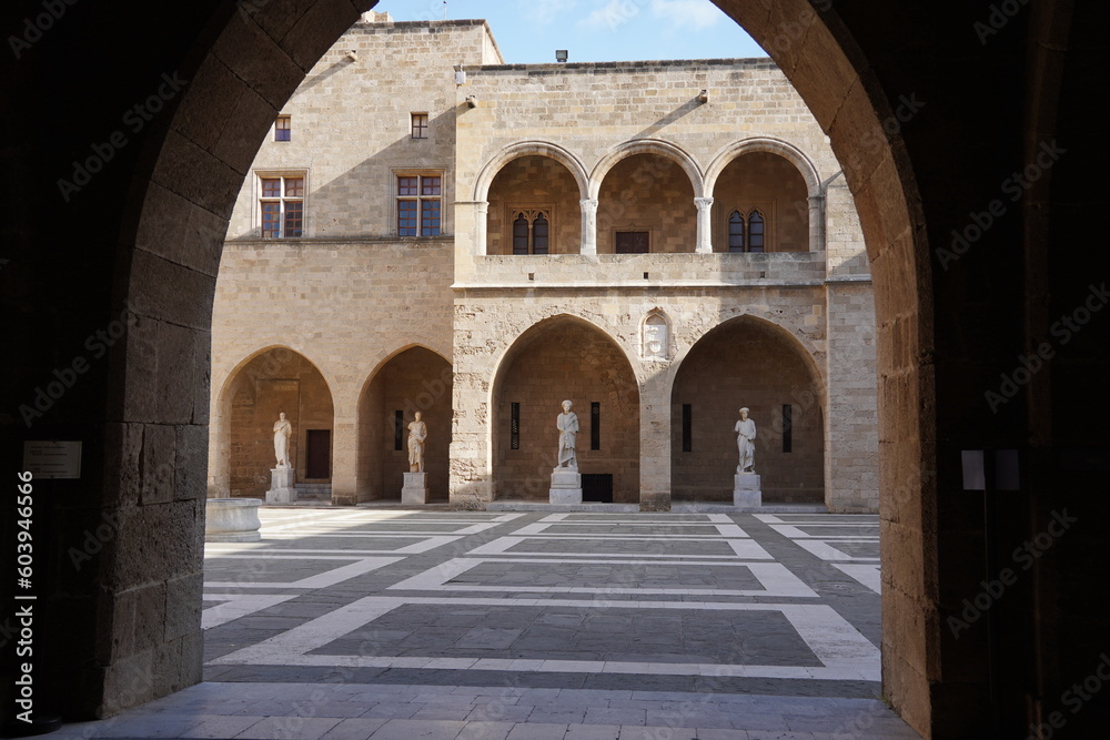 Courtyard at the Palace of the Grand Master from entrance arch. Rhodes Town, Rhodes, Dodecanese, Greece