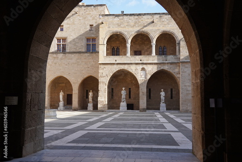 Courtyard at the Palace of the Grand Master from entrance arch. Rhodes Town, Rhodes, Dodecanese, Greece