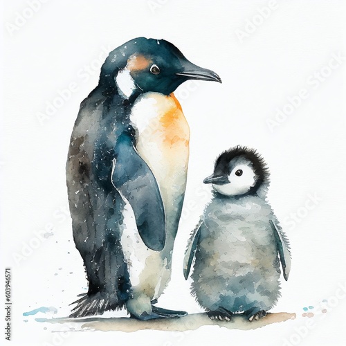 penguin mom and baby watercolor style Generative AI