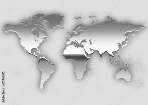 world map 3d chrome metal