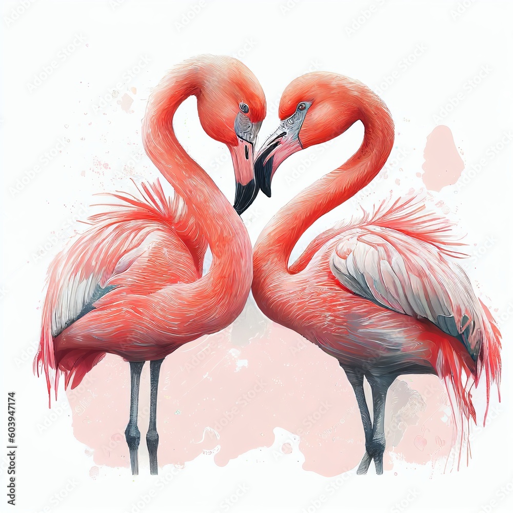 Fototapeta premium two flamingos form a heart, watercolor style Generative AI