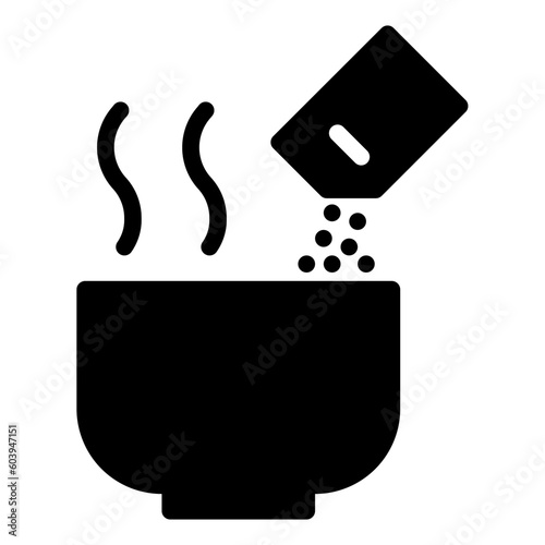 Fast food icon with bowl of soup sprinkled with spice sachets