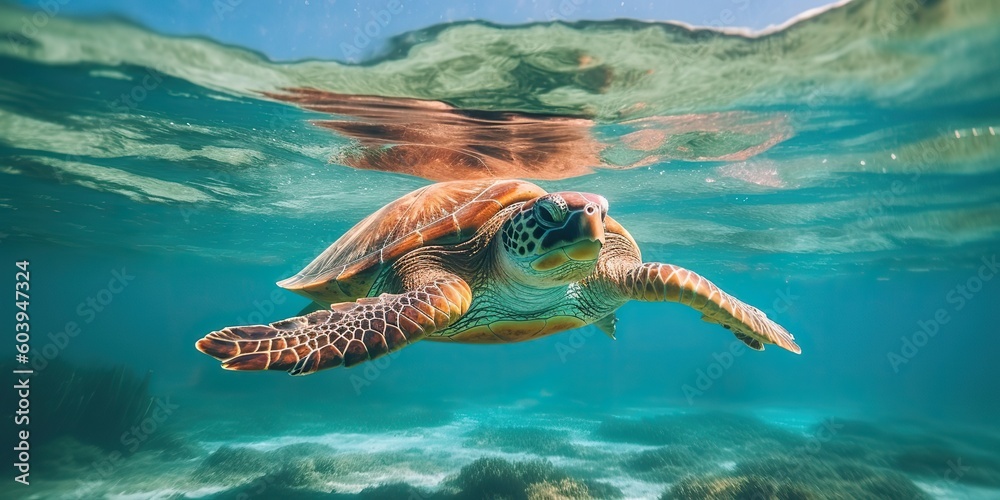 Obraz premium AI Generated. AI Generative. Photo realistic illustration of diving turtle under sea. Graphic Art