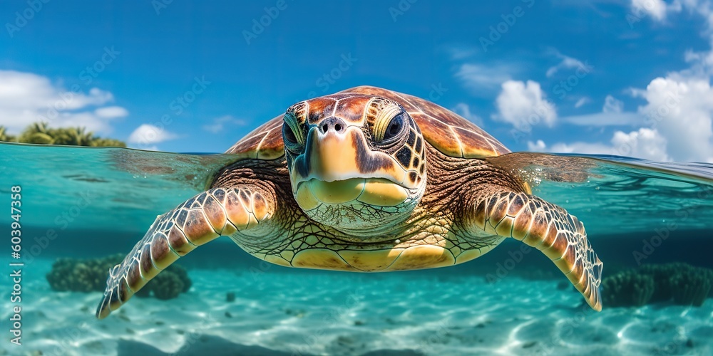 Fototapeta premium AI Generated. AI Generative. Photo realistic illustration of diving turtle under sea. Graphic Art