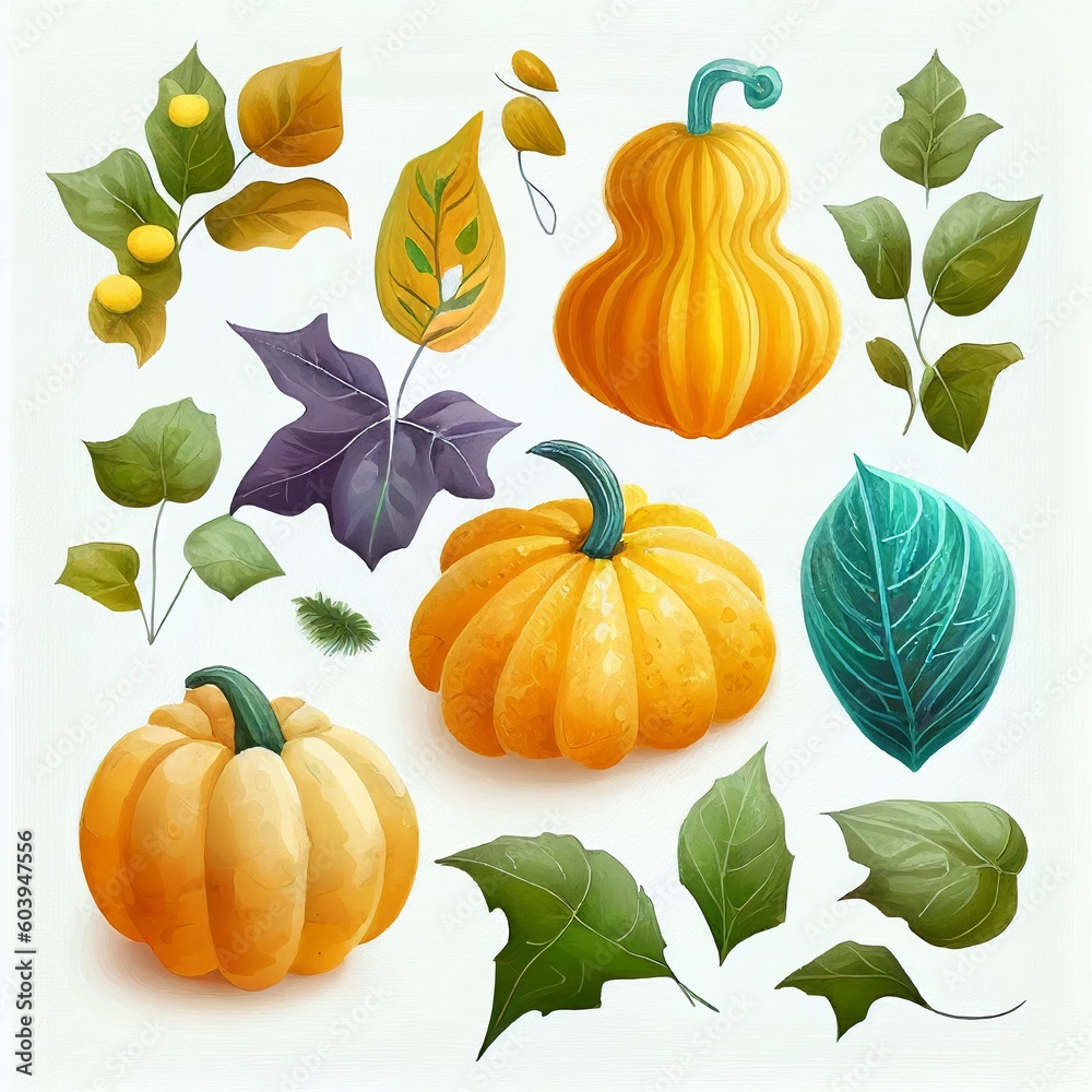 set of pumpkins, watercolor style Generative AI