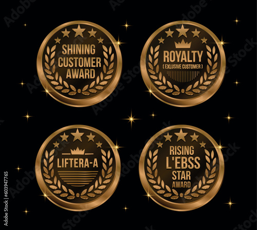 Premium quality golden awards guarantee with circle badges, composed from gold branches with stars, crowns and vignettes decorative elements. Retail, sale, promotion design usage. on black background.