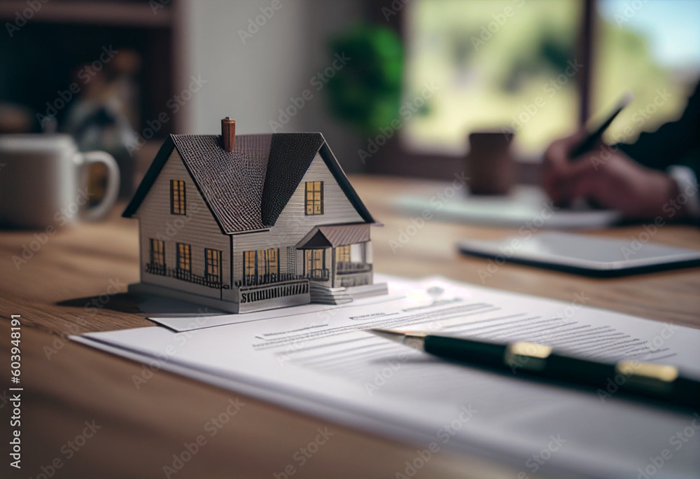 Real estate agent working with house model on wooden desk in office. generative ai Real estate agent working with house model on wooden desk in office. generative ai