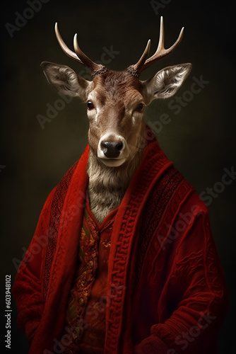 Deer with big horns over red background with bokeh and sparkles. Winter holidays background. AI generative © paffy