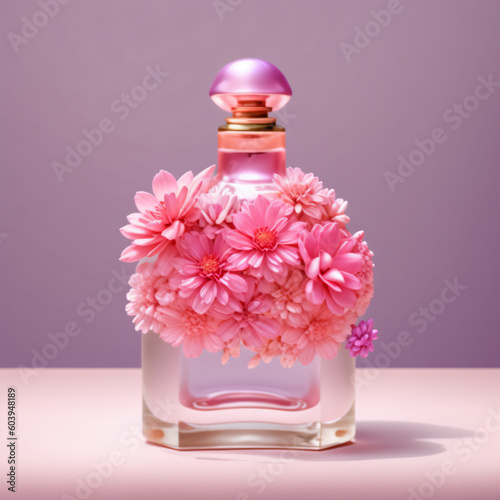 perfume bottle, gradient background, flower, gradient, pink flower, purple flower, grey background, simple background, leaf, bottle