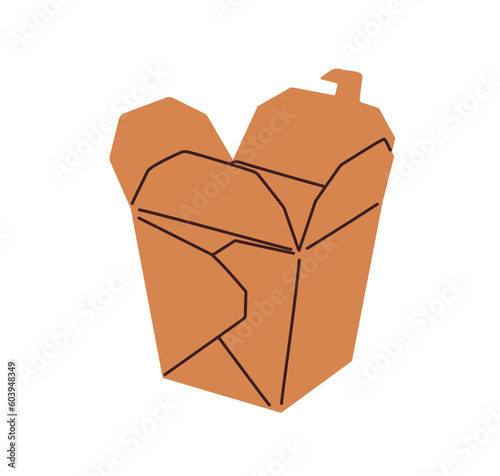 Open cardboard box, empty kraft package for Asian food. Takeaway and delivery paper container for noodles and wok. Carton take-away takeout pack. Flat vector illustration isolated on white background