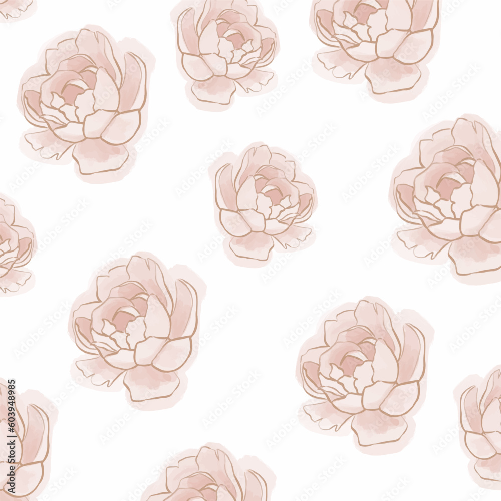 Pattern of pink peony flower. Hand drawn, vector, print, textile, wrapping paper, background.