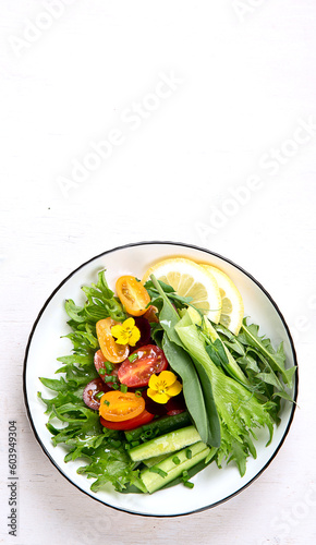 Spring vegetable salad. Tasty healthy food. top view